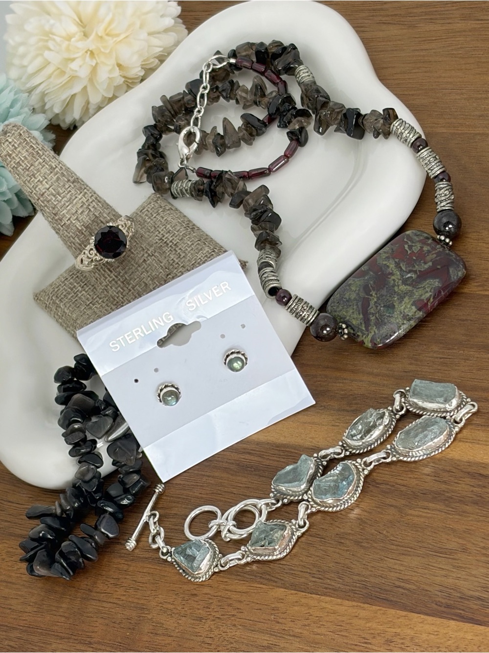 Sterling Silver 925 Aquamarine Bracelet Earrings Jasper Necklace Size 10 Ring